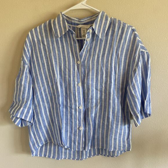 H&M Blue White Striped 100% Linen Coastal Preppy Classic Shirt Blouse Top XS - Picture 1 of 5